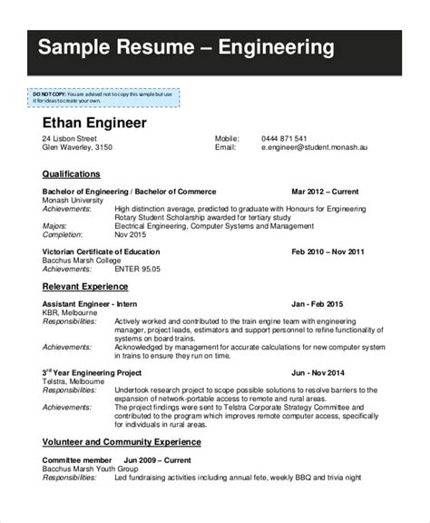 Engineering Sample Resume For Internship printable card