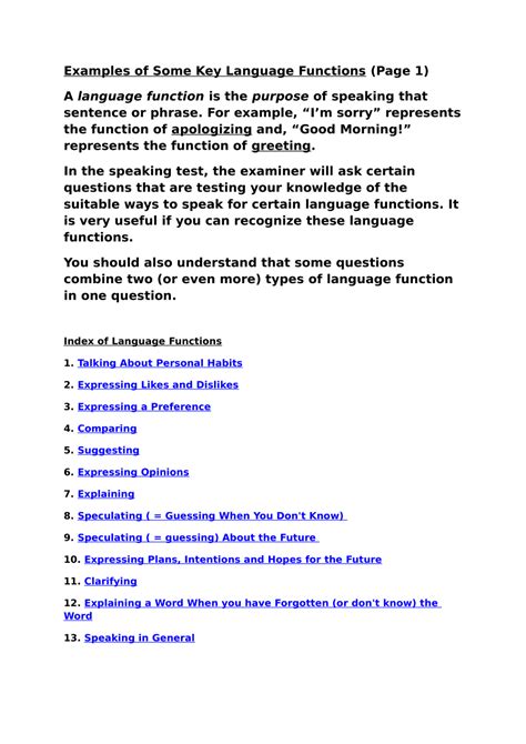 english language functions examples with answers pdf