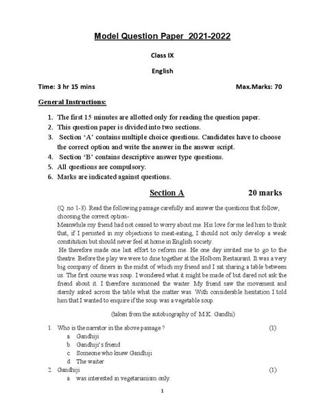 english model paper class 9