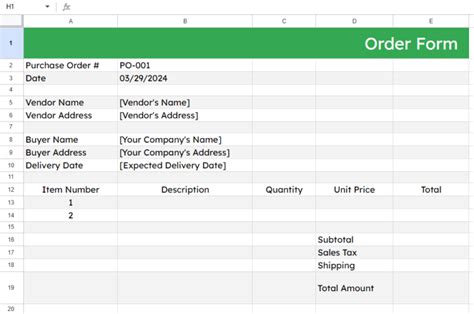 Engoogle Sheets Order Form Template