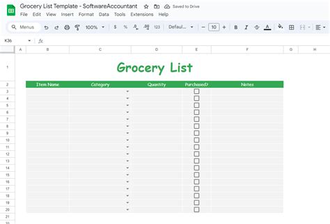 Engoogle Sheets Shopping List Template