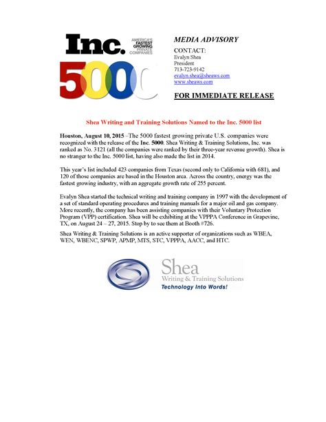 Eninc 5000 Press Release Template