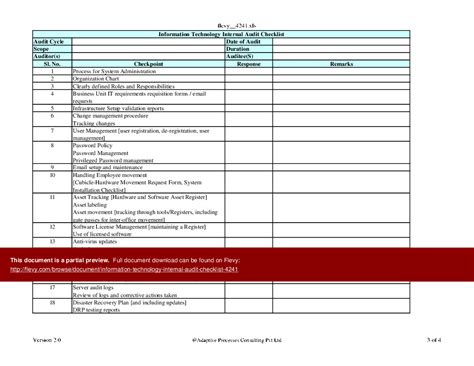 Eninformation Technology Audit Checklist Template Excel