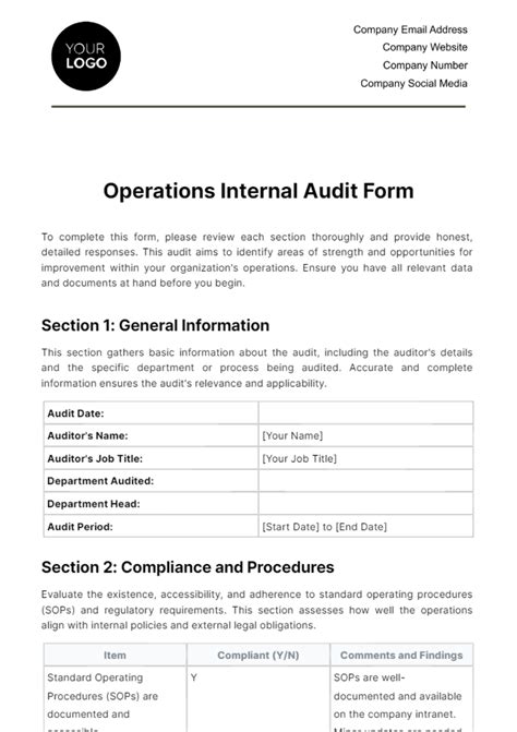 Eninternal Audit Form Template
