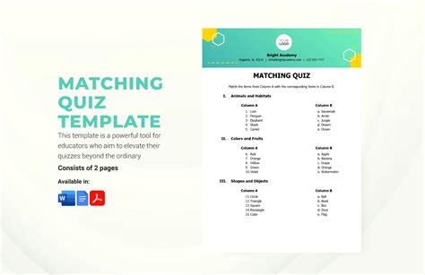 Enmatching Quiz Template Word