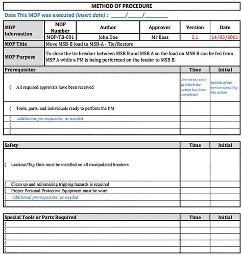 Enmethod Of Procedure Template Excel
