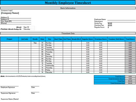 Enmonthly Timesheet Template Excel Free