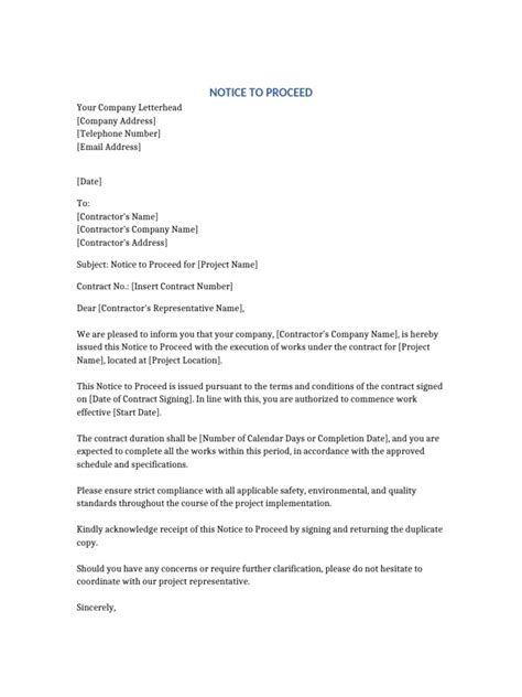 Ennotice To Proceed Template
