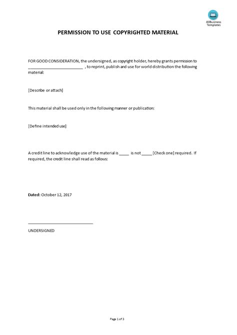 Enpermission To Use Copyrighted Material Template