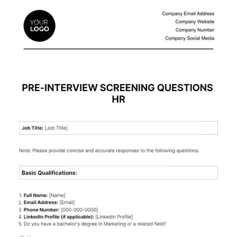 Enpre Screen Interview Questions Template