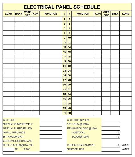 Enprintable Electrical Panel Schedule Template Excel