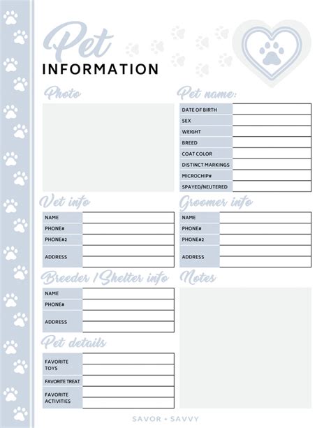 Enprintable Pet Information Sheet Template