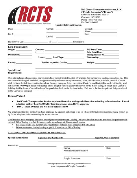 Enprintable Rate Confirmation Template