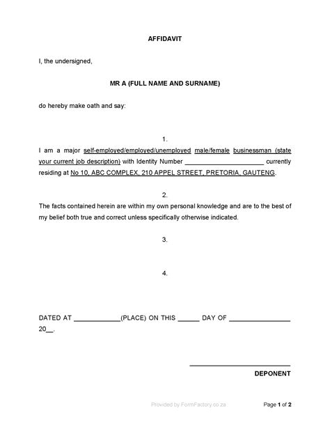 Enprintable Sworn Statement Affidavit Template