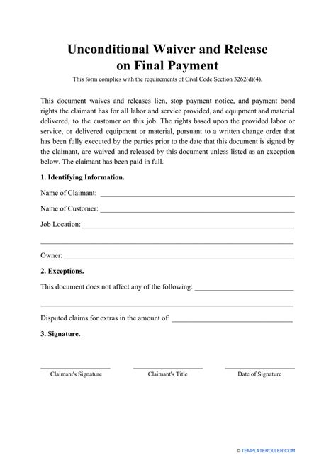 Enprintable Unconditional Lien Waiver Template
