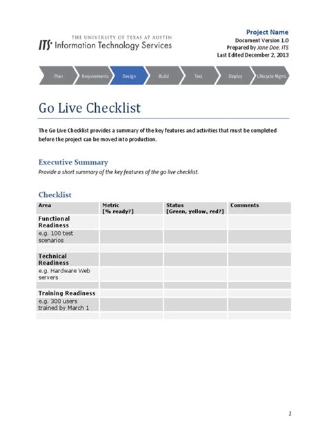 Enproject Go Live Checklist Template Excel