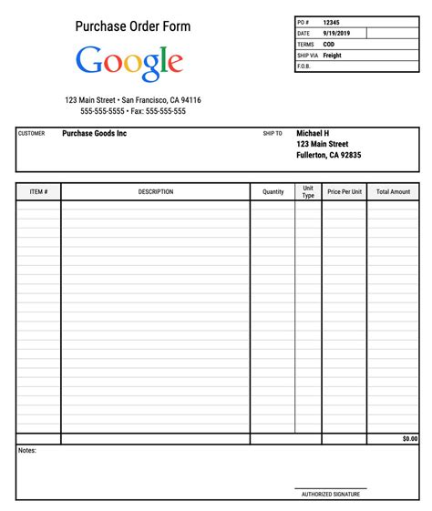 Enpurchase Order Template Google Sheets
