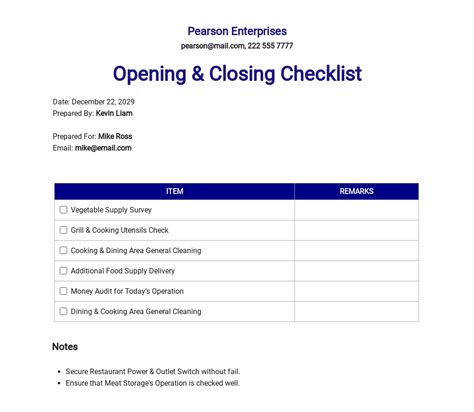 Enrestaurant Opening Checklist Template