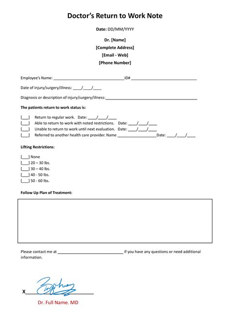 Enreturn To Work Dr Note Template