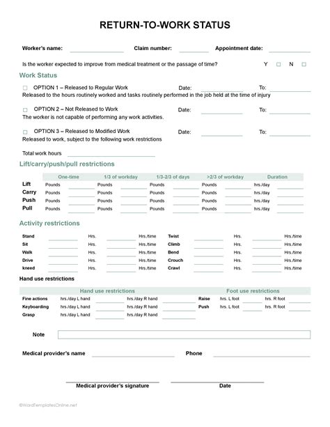 Enreturn To Work Form Template Word