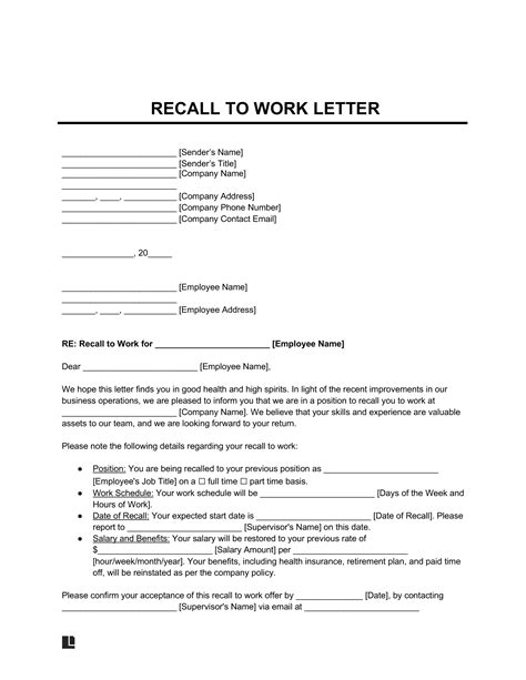 Enreturn To Work Letter Template