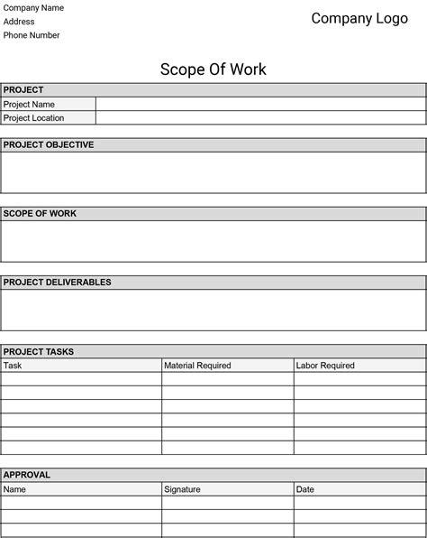 Enscope Of Work Template Excel
