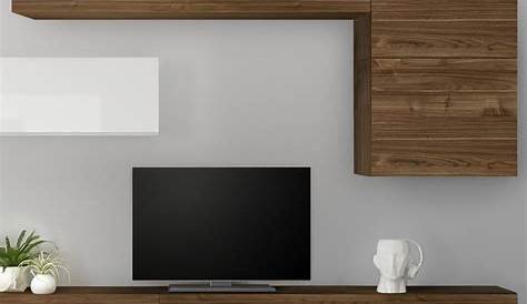 Ensemble Meuble Tv Mural Bois TV Design Et Blanc Laqué 300 Cm Pour Salon