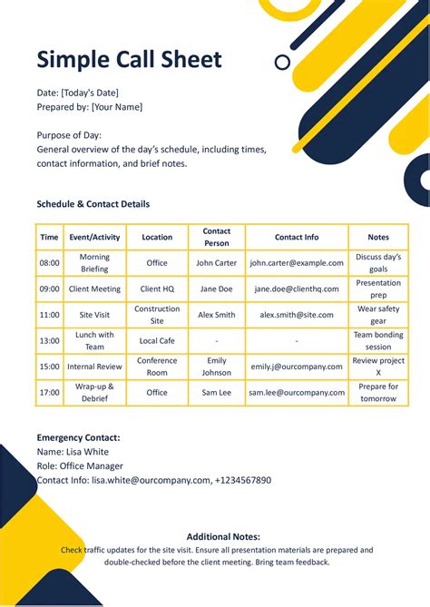 Ensimple Call Sheet Template Google Docs