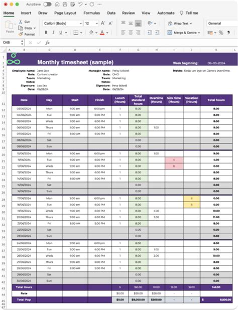 Ensimple Monthly Timesheet Template Excel