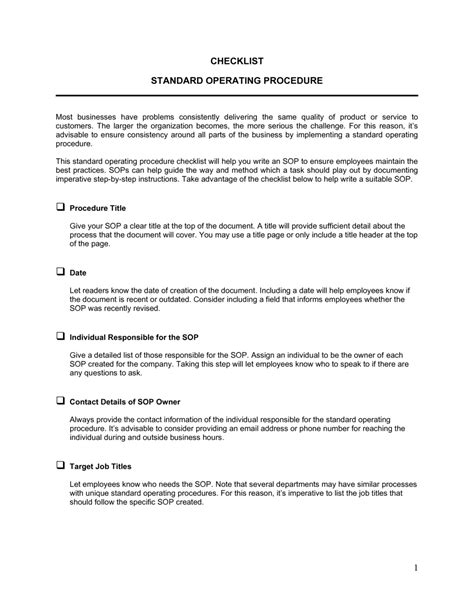Enstandard Operating Procedure Checklist Template