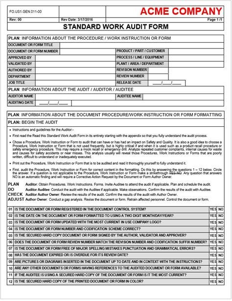 Enstandard Work Audit Template
