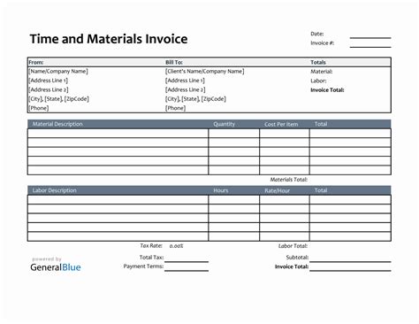 Entime And Material Invoice Template Excel