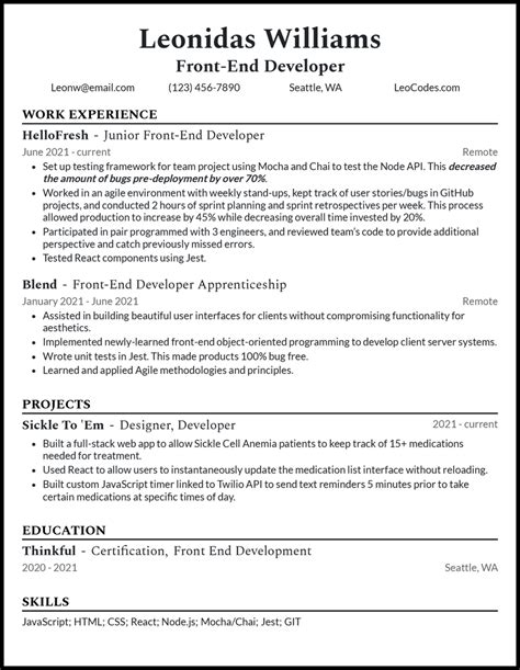 Entry Level Front End Developer Resume