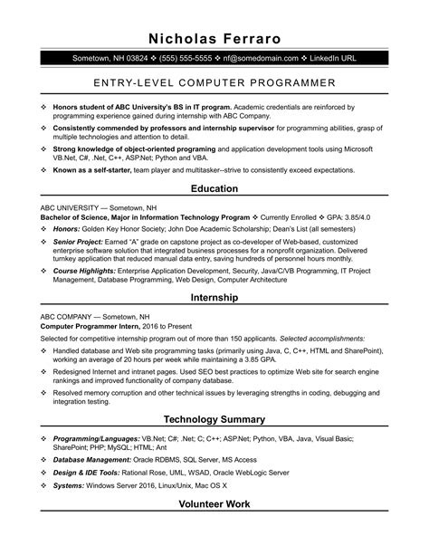 Entry level Programmer Free Resumes