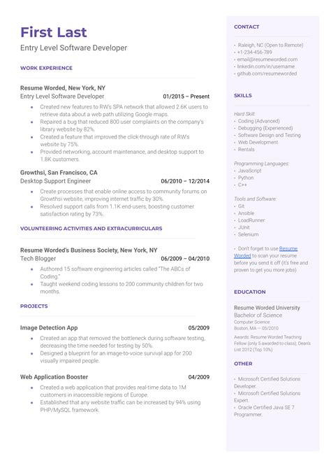 entry level software developer cv example