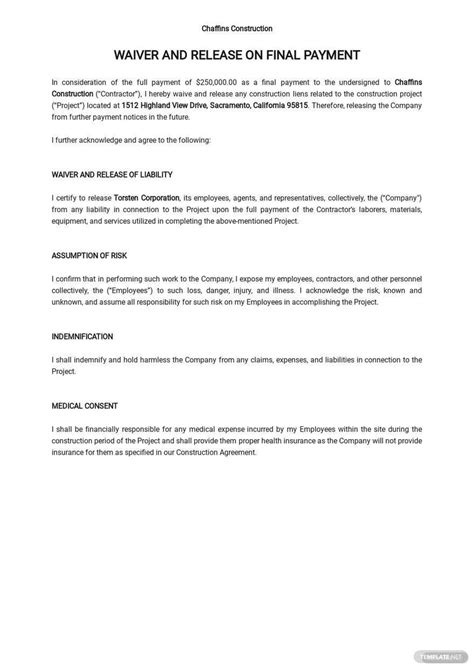 Enunconditional Waiver And Release On Final Payment Template