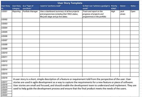 Enuser Story Excel Template