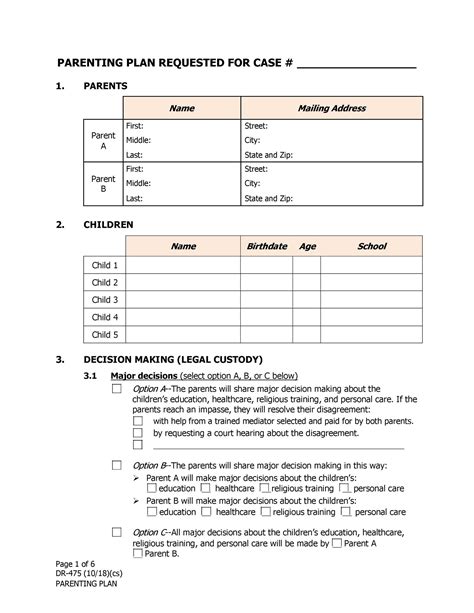 Enwashington State Parenting Plan Template