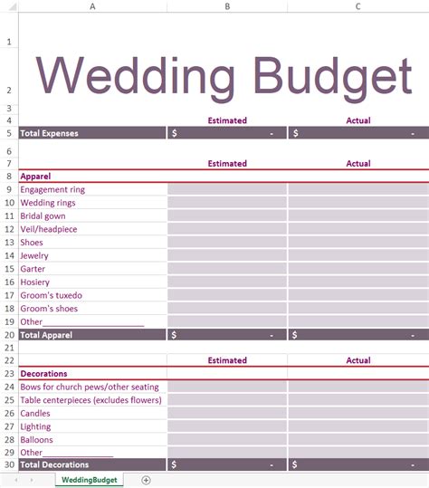 Enwedding Planning Template Excel