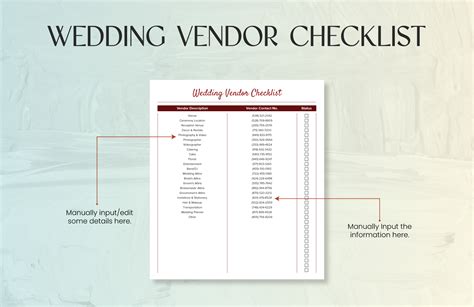 Enwedding Vendor Excel Template