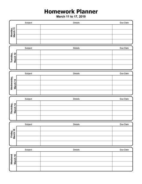 Enweekly Homework Planner Template