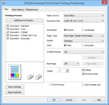epson printer default settings