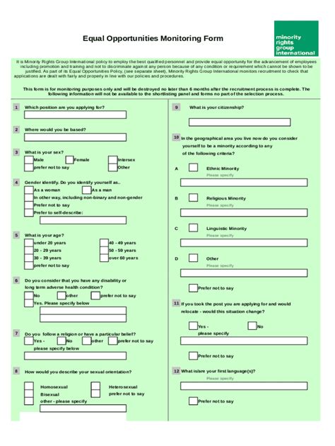 equal opportunities monitoring form template