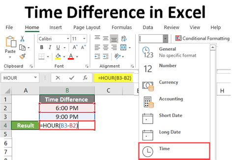equation for time difference in excel