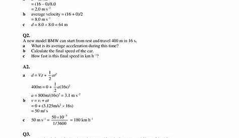 Equations Of Motion Worksheet With Answers Velocity And Acceleration Calculation Answer Key