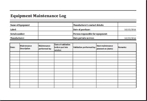Printable Equipment Maintenance Log Template Excel Printable Templates