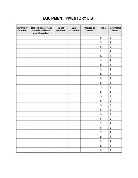 equipment list example