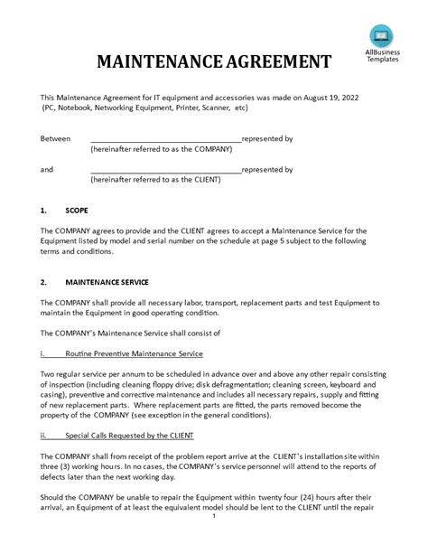 equipment maintenance agreement template
