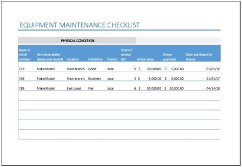 Equipment Maintenance Checklist Excel