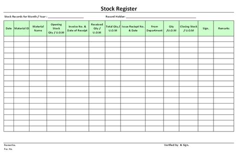 Equipment Stock Register Format